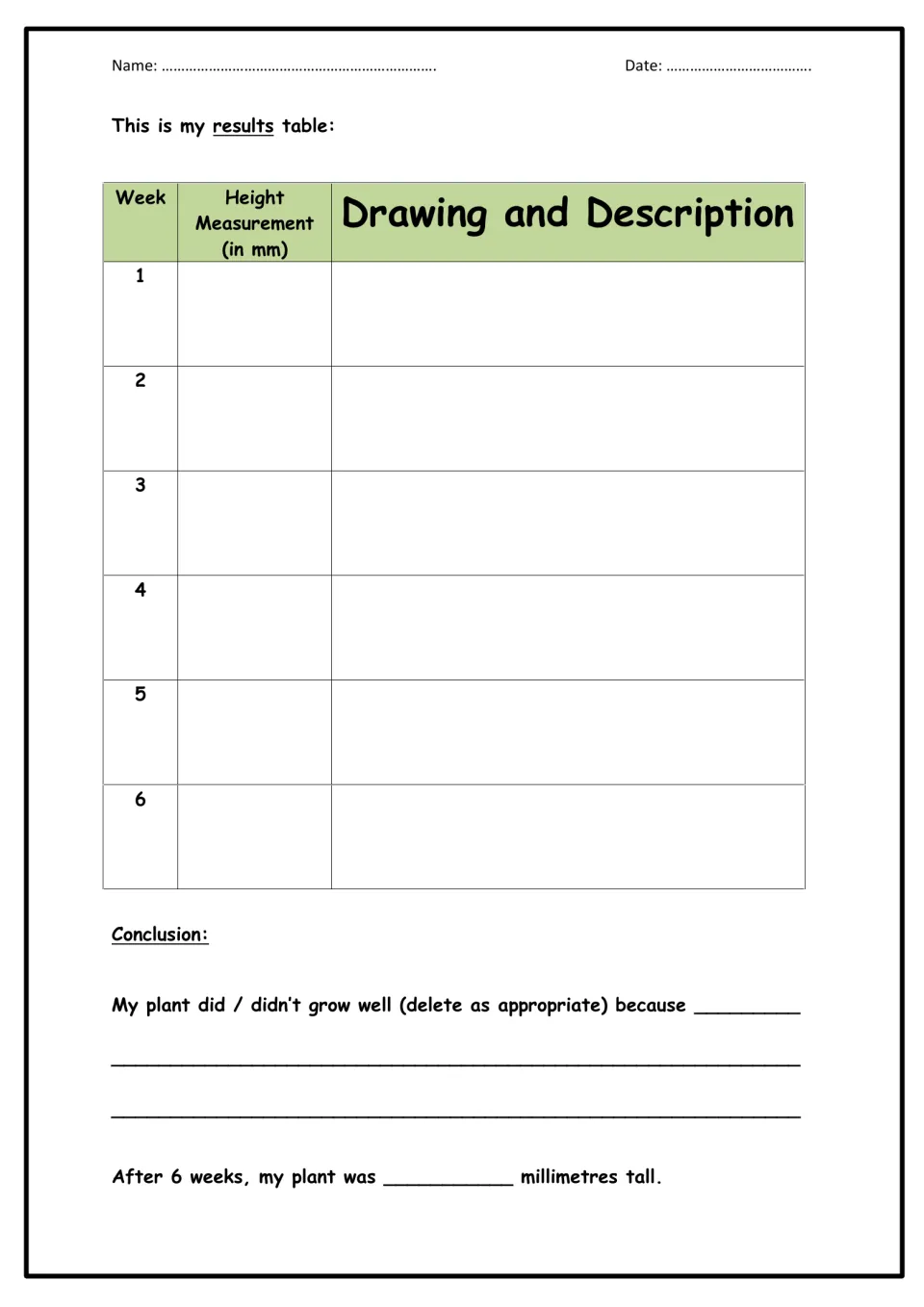 Plant growth results: students log height in mm and a drawing each week for 6 weeks, then write a conclusion on growth
