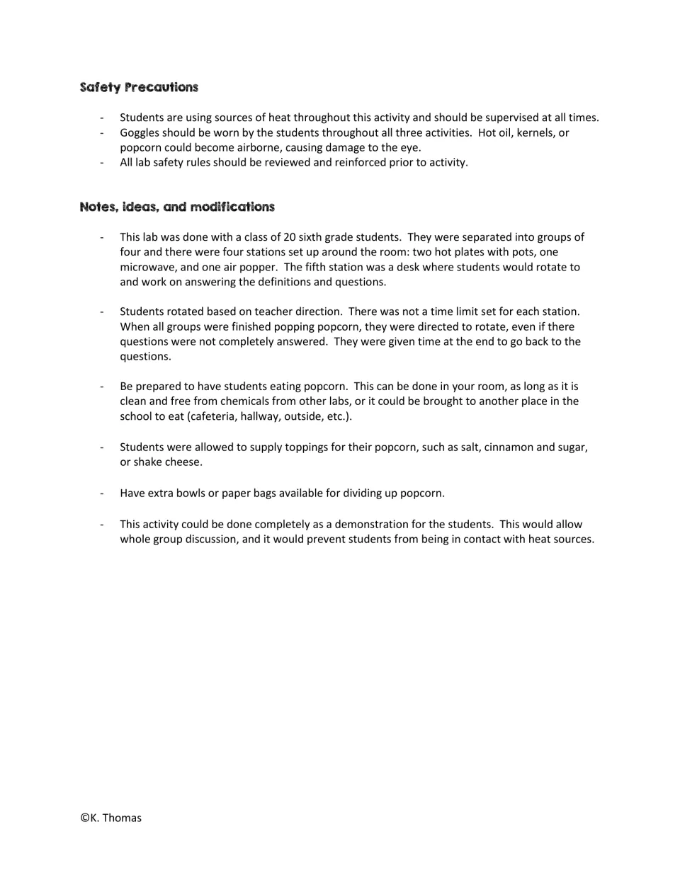 Safety precautions and teacher notes: goggles, supervision near heat, station rotation setup, toppings and demo option