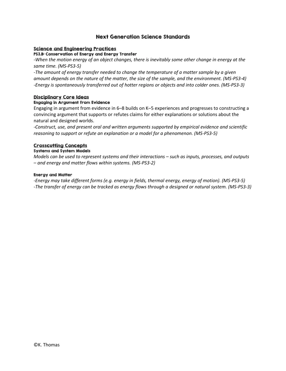 Next Generation Science Standards list for energy transfer, citing MS-PS3-2 through MS-PS3-5 practices and concepts
