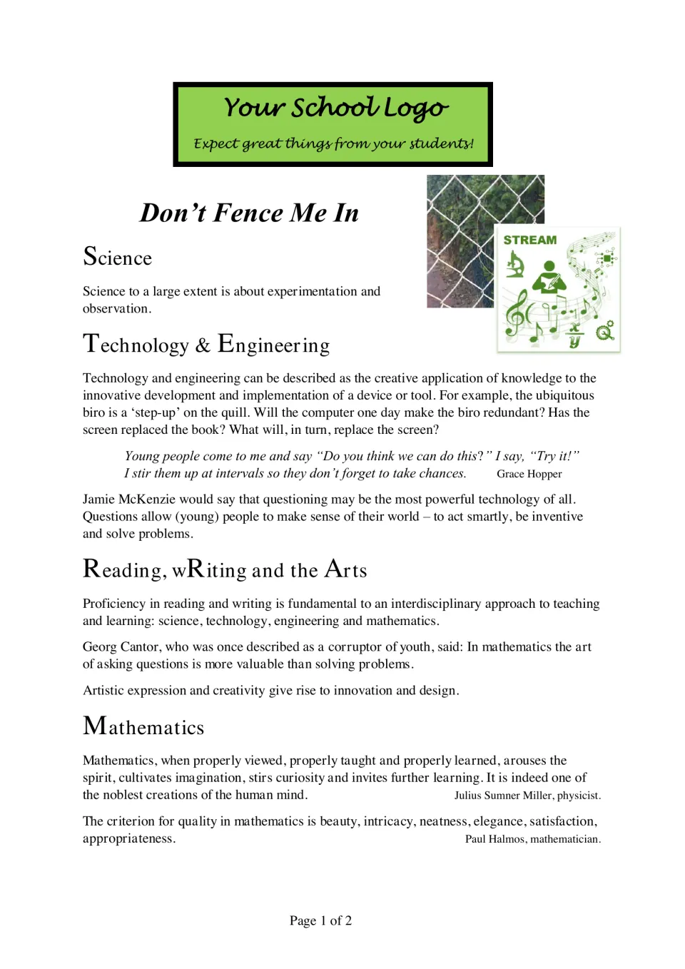 STREAM intro 'Don't Fence Me In': students read short passages and quotes on science, technology, engineering, arts and math