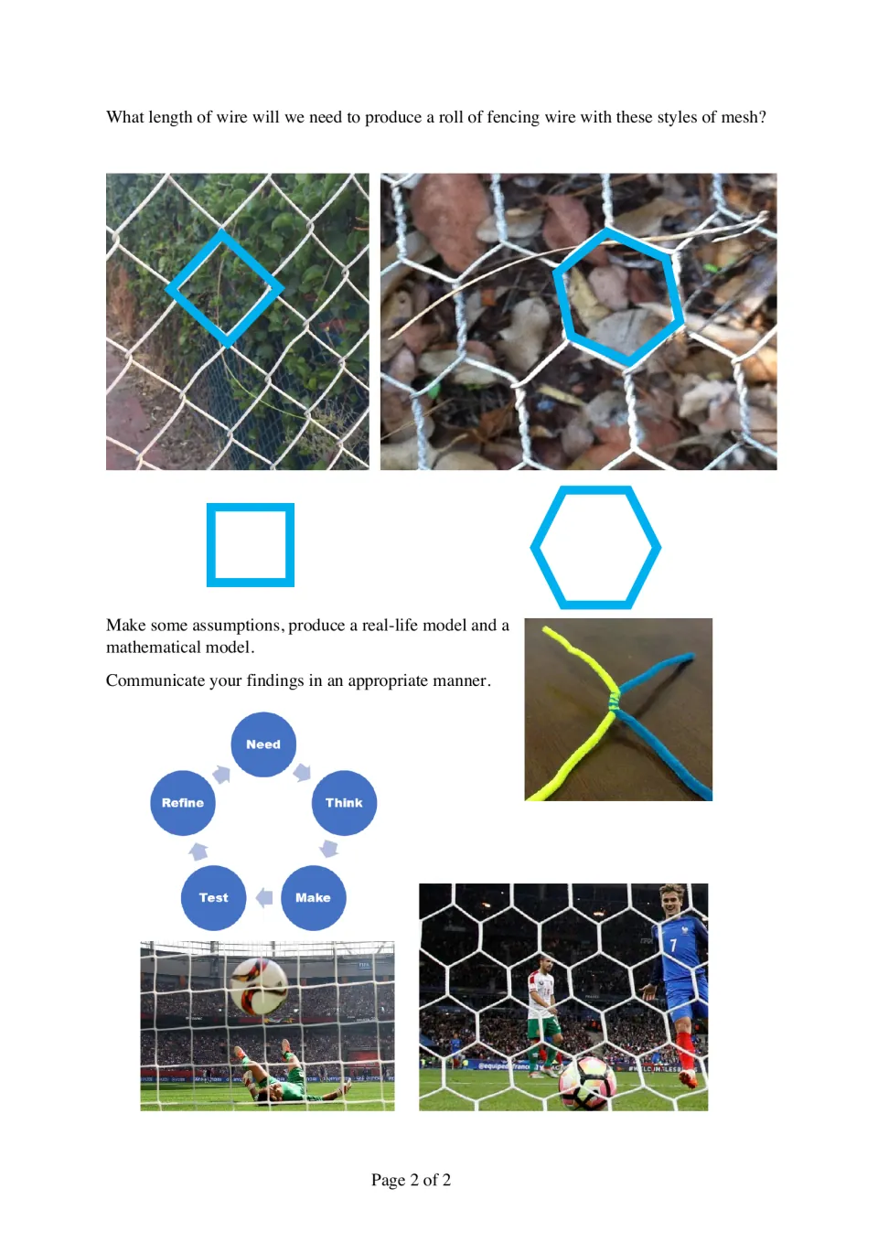 Fencing wire task: students model the wire length needed for a roll of square or hexagonal mesh, using a design cycle