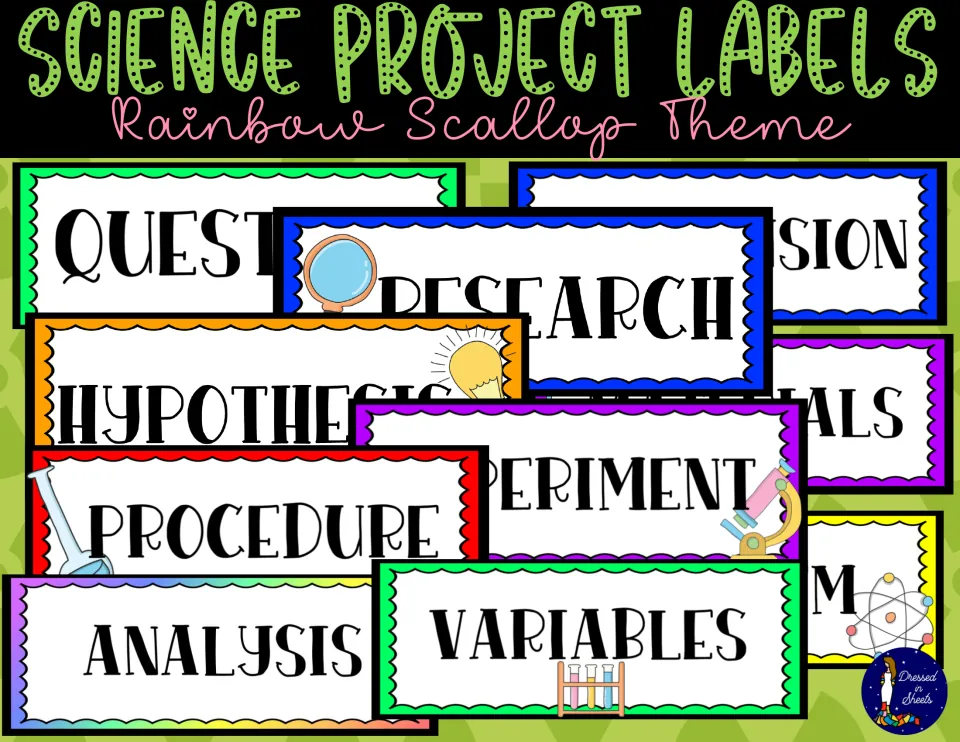 Cover for Science Project Labels Rainbow Scallop Theme showing colorful signs such as Question, Research and Variables