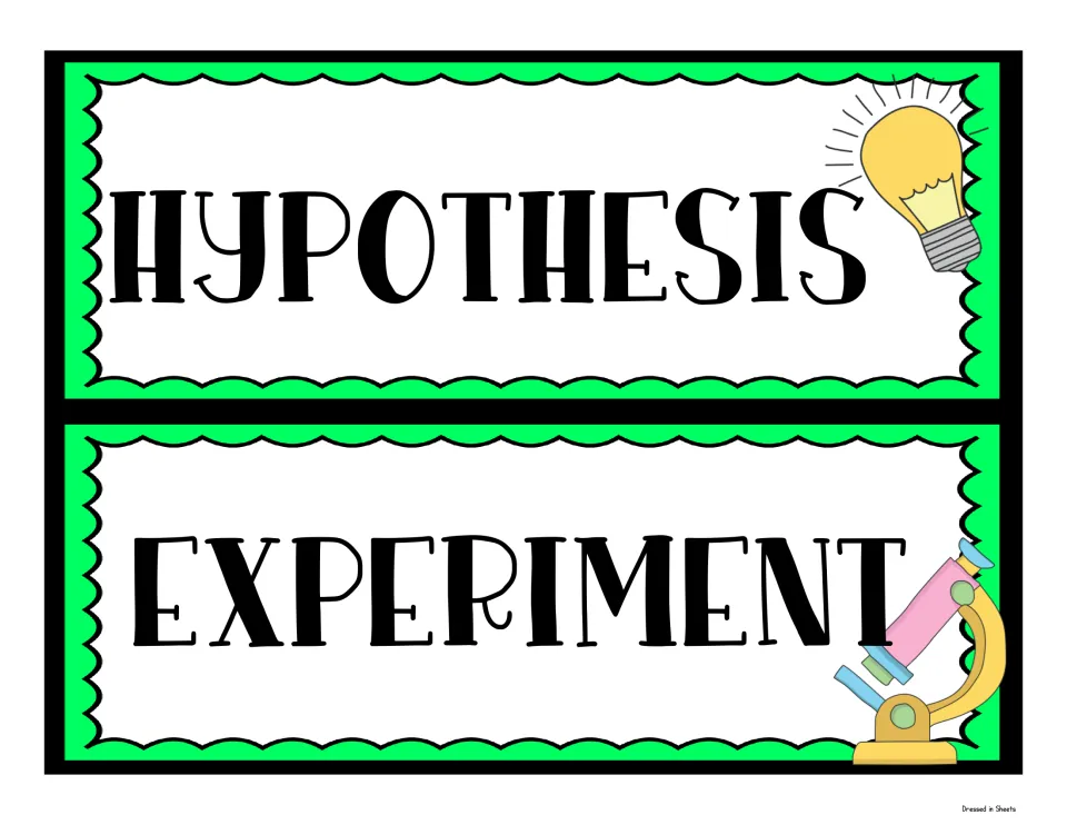 Two green science fair headers reading Hypothesis, with a light bulb, and Experiment, with a microscope illustration