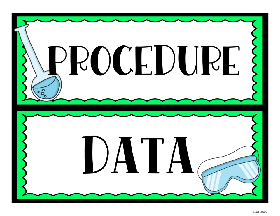 Green scalloped headers reading Procedure, shown with a round flask, and Data, shown with a pair of safety goggles