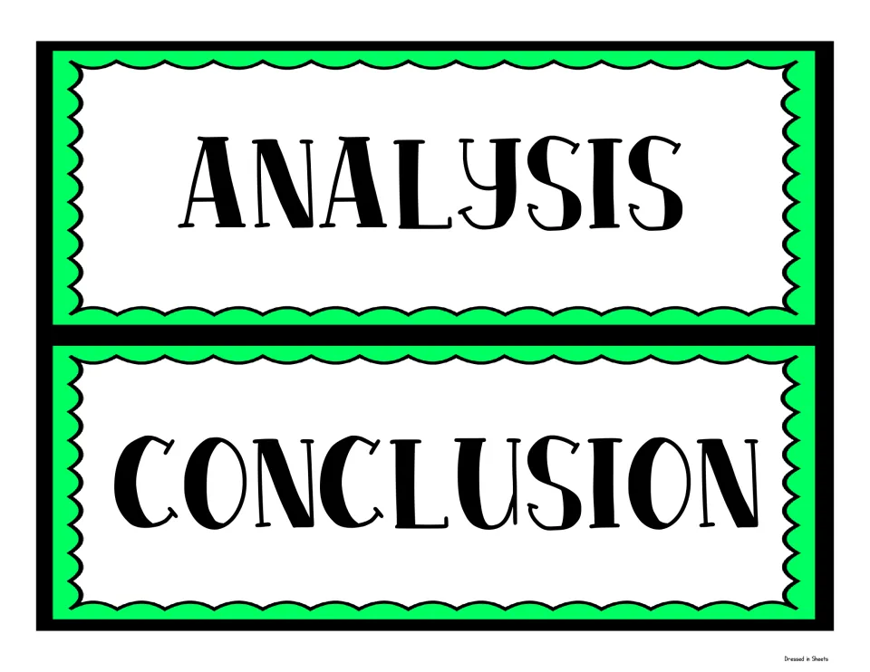 Science fair display headers reading Analysis and Conclusion in bold black lettering on green scalloped signs