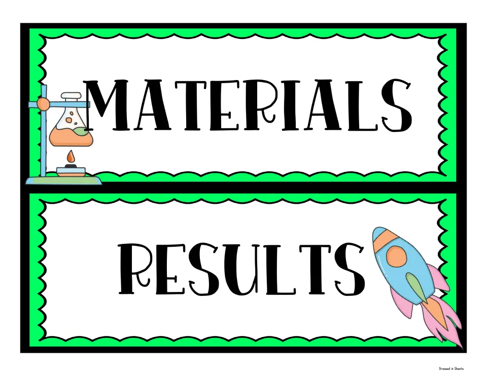 Green headers reading Materials, with a flask over a burner, and Results, with a blue rocket clip-art illustration