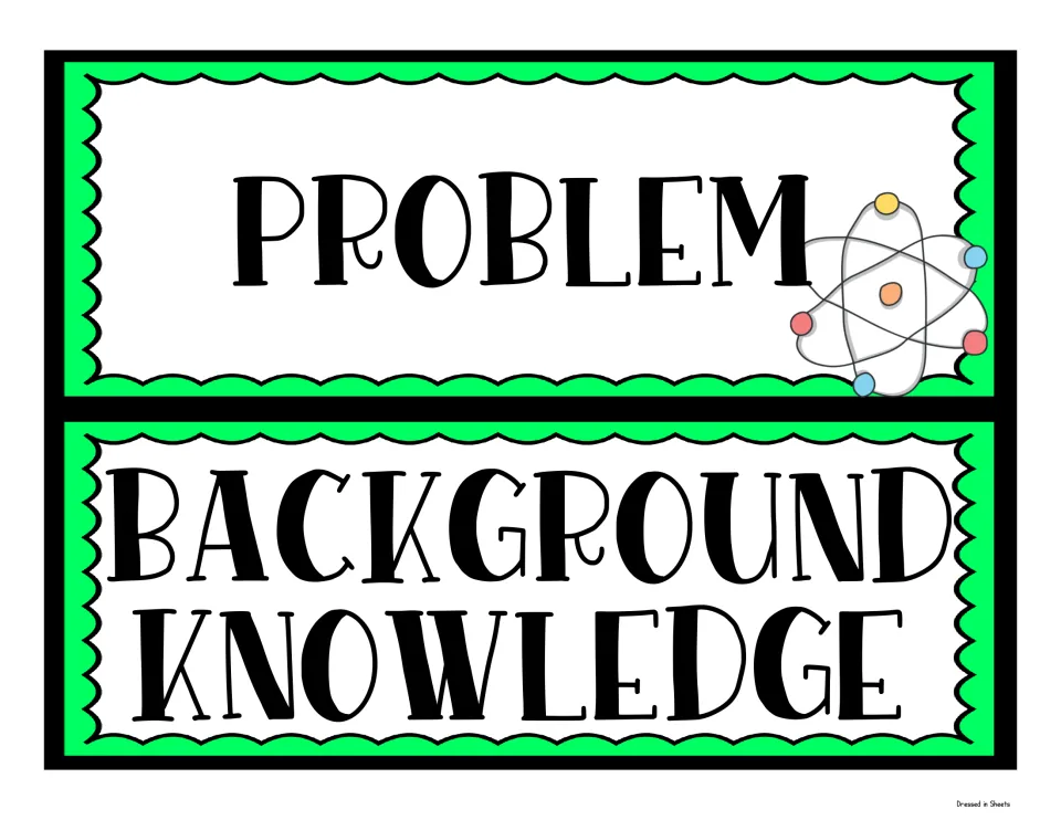 Science fair headers reading Problem, beside an atom illustration, and Background Knowledge on two green scalloped signs