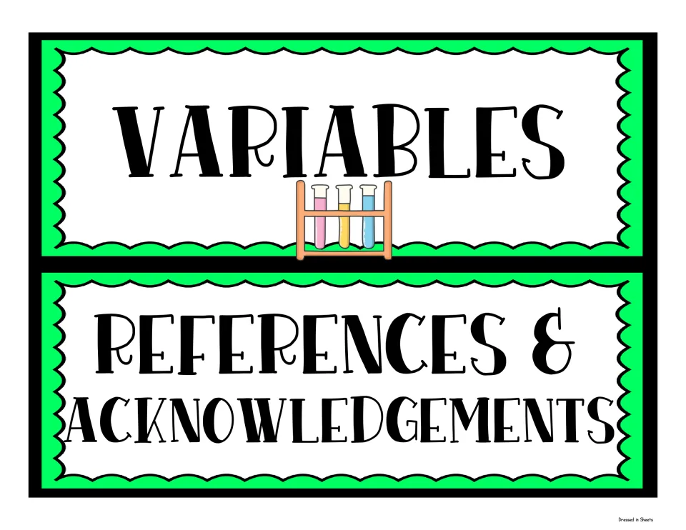 Green science fair headers reading Variables, with a test tube rack, and References & Acknowledgements for citing sources