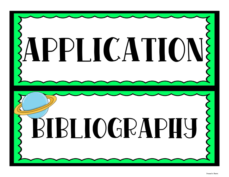 Two green science fair headers reading Application and Bibliography, the second decorated with a ringed planet image
