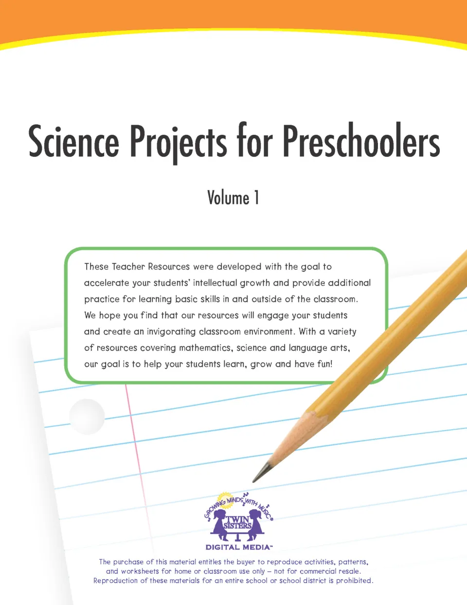 Science Projects for Preschoolers, Volume 1 cover from Twin Sisters with a note to teachers and a classroom-use notice
