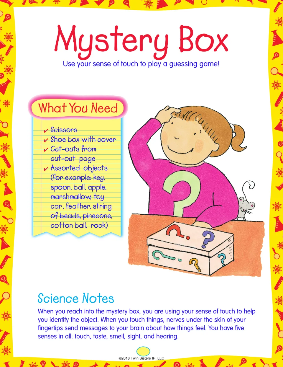 Mystery Box intro: a supply list of shoe box, scissors and objects, plus notes on how touch and the five senses work