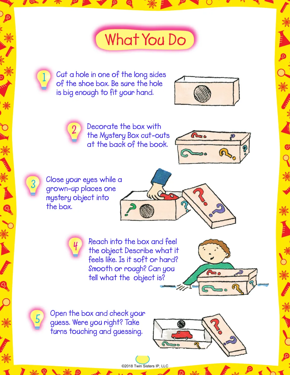 Mystery Box steps: cut a hand hole, decorate the box, then reach in, describe how an object feels and guess what it is