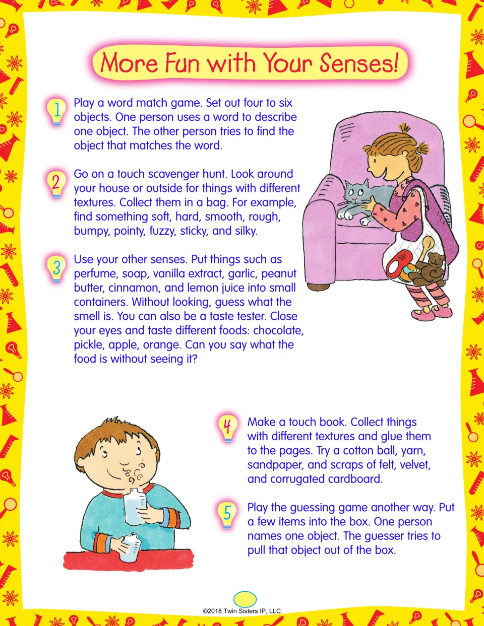 Senses extension ideas: a word match game, a texture scavenger hunt, smell and taste guessing, and making a touch book