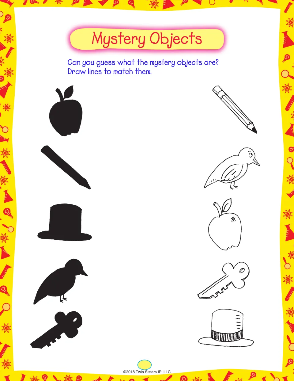 Mystery Objects: students draw lines to match five black silhouettes, like an apple, hat and key, to their outline drawings