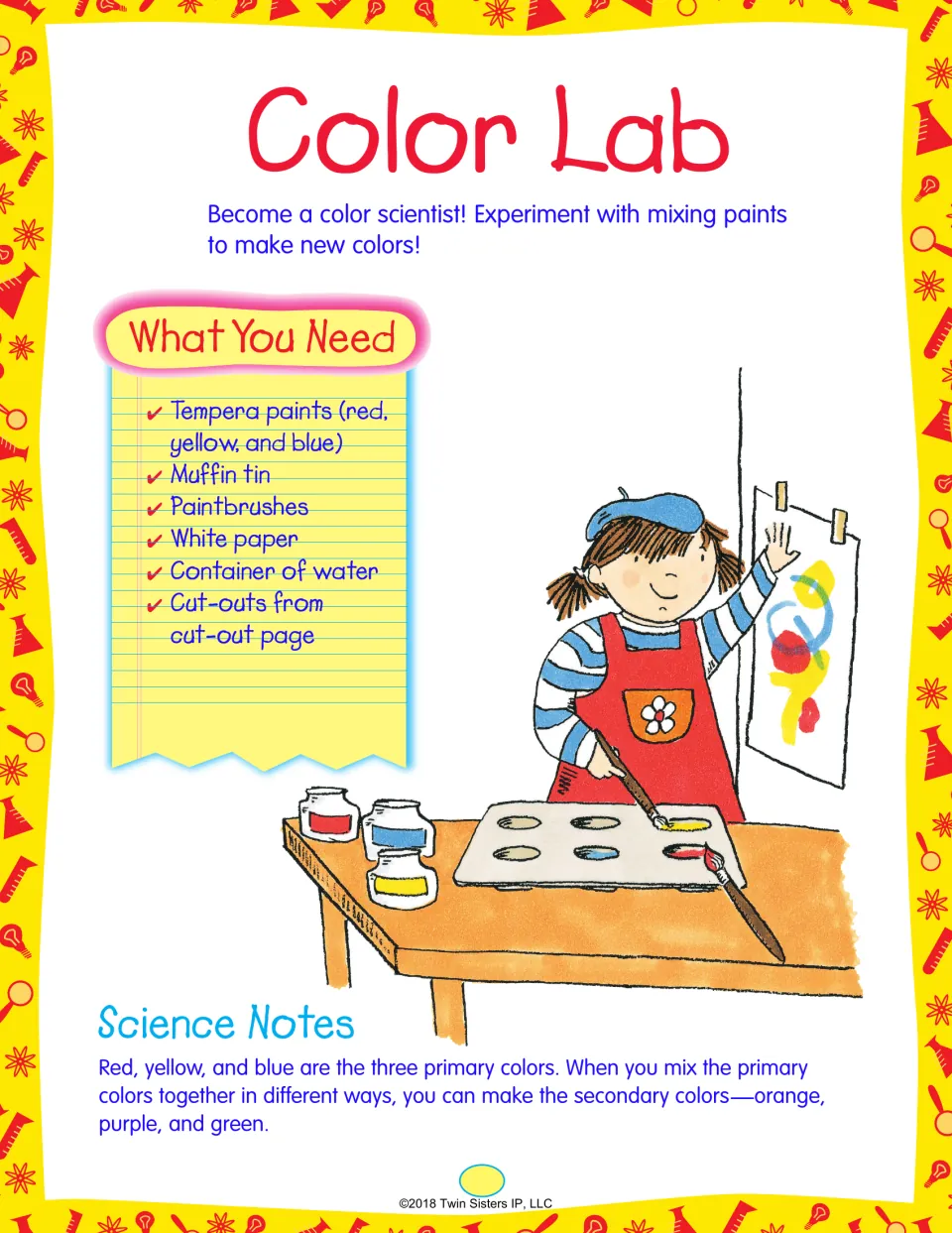 Color Lab intro: a supply list of tempera paints, brushes and a muffin tin, with notes on primary and secondary colors