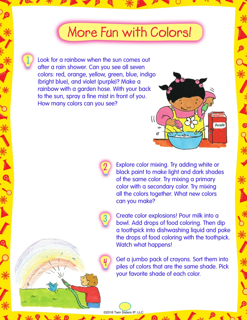 Color extension ideas: spotting rainbows, making light and dark shades, milk and food-coloring explosions, sorting crayons