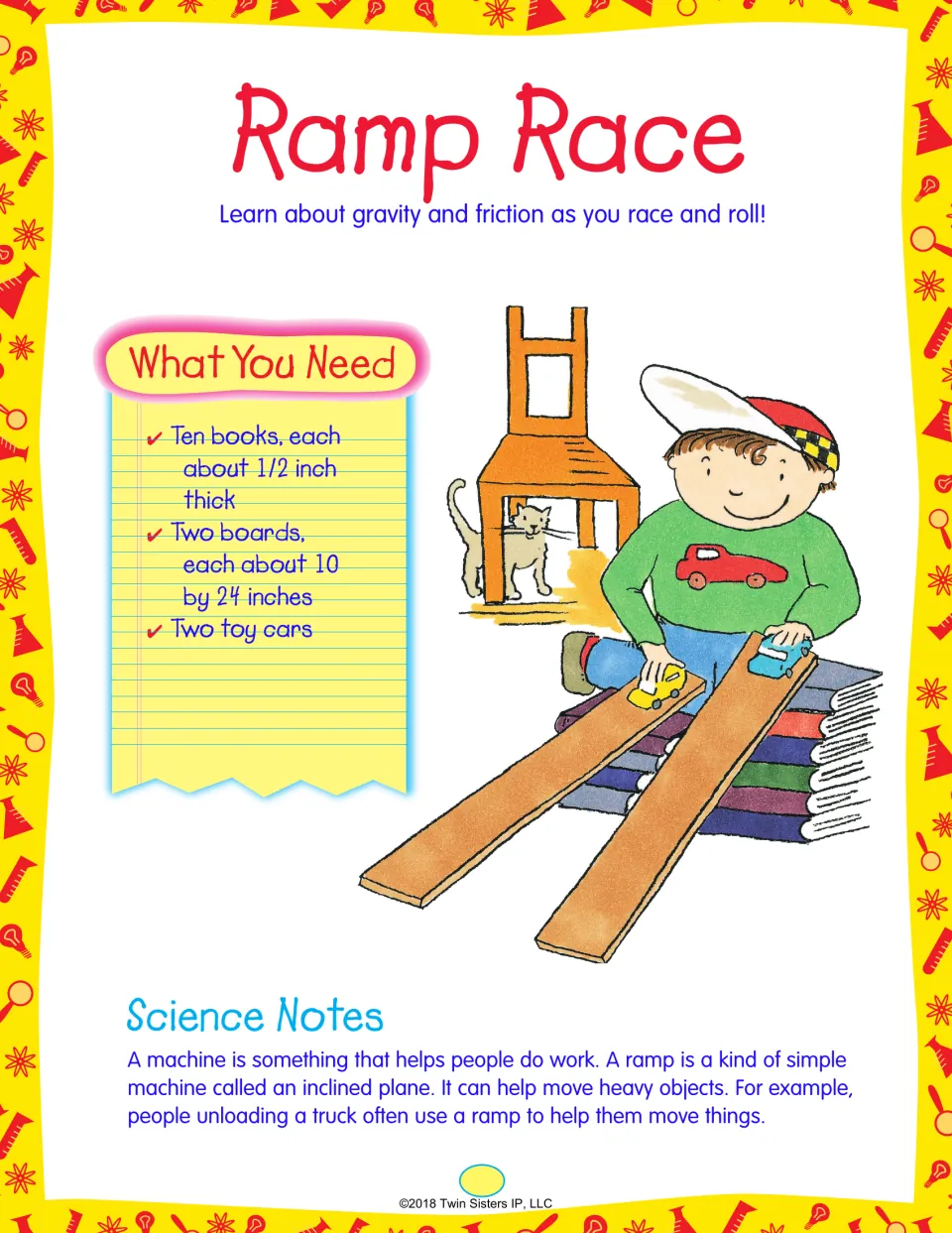 Ramp Race intro on gravity and friction: books, two boards and two toy cars, plus notes on ramps as simple machines