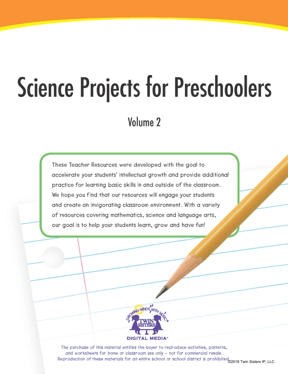 Science Projects for Preschoolers Volume 2 cover with a note to teachers, Twin Sisters logo and reproduction terms
