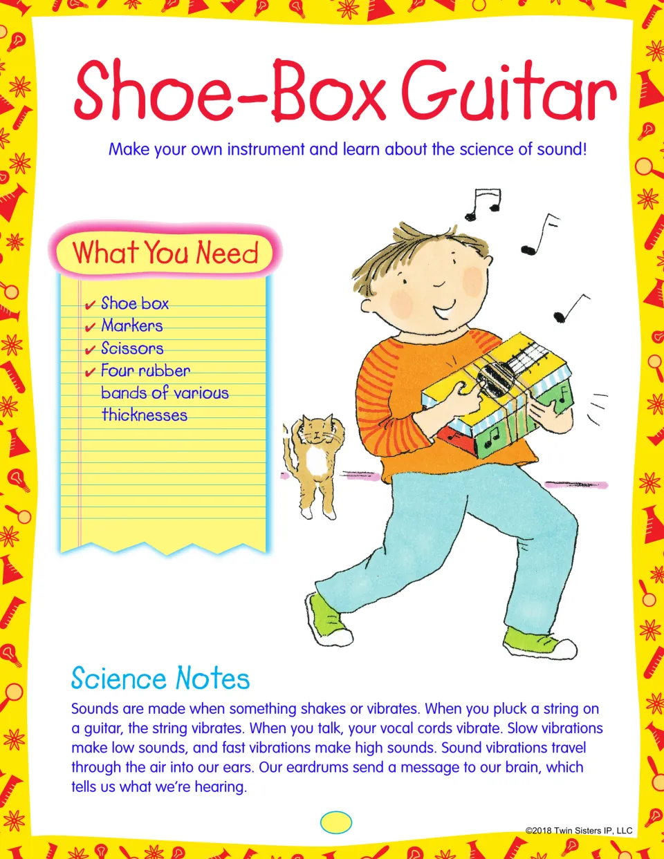Shoe-box guitar project on sound: supply list of shoe box, markers, scissors and rubber bands, plus notes on vibrations