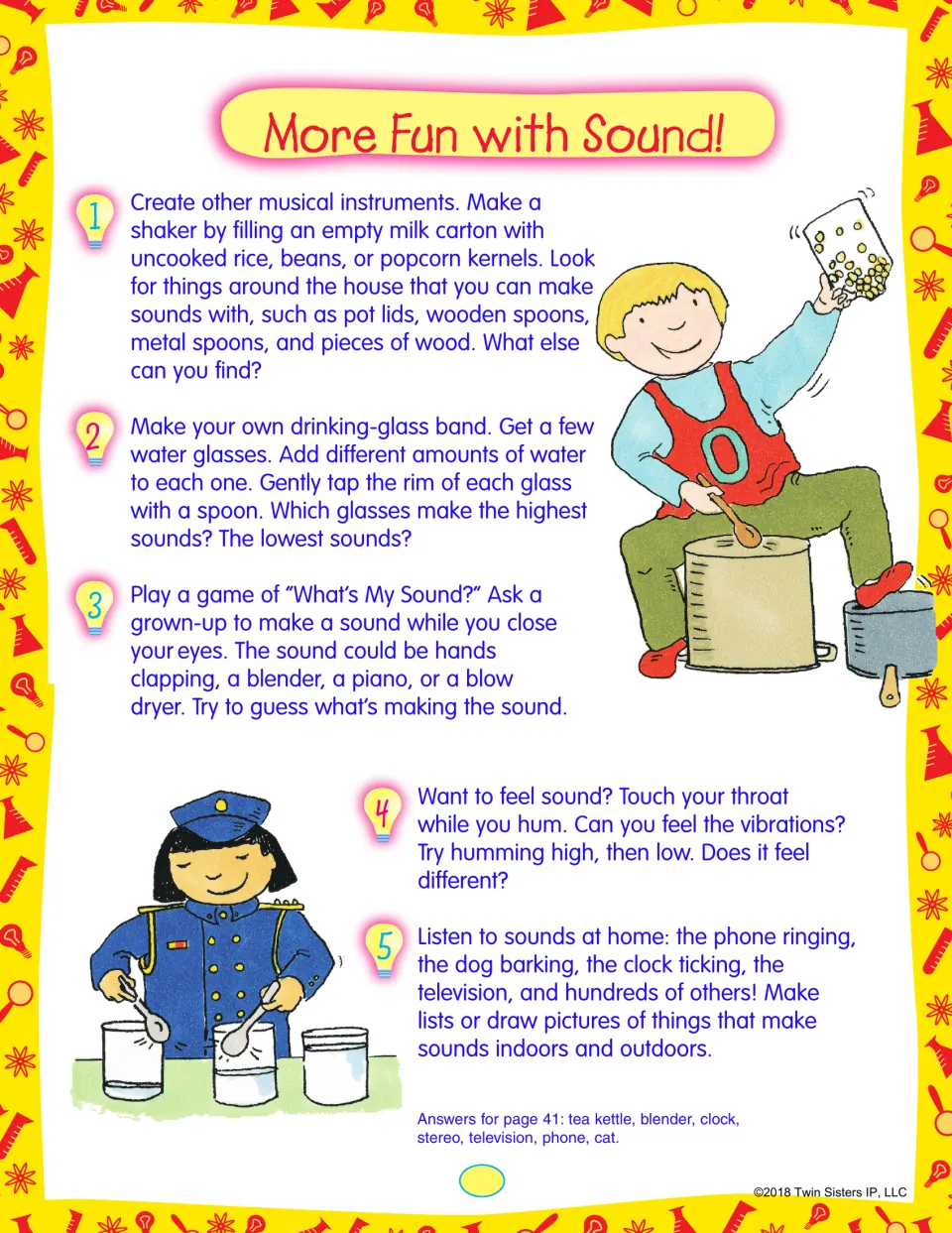 Five extension ideas on sound: milk-carton shaker, water-glass band, a guessing game and humming to feel vibrations