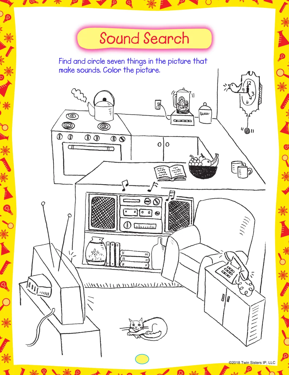 Sound Search: students find and circle seven things that make sounds in a kitchen and living room scene, then color