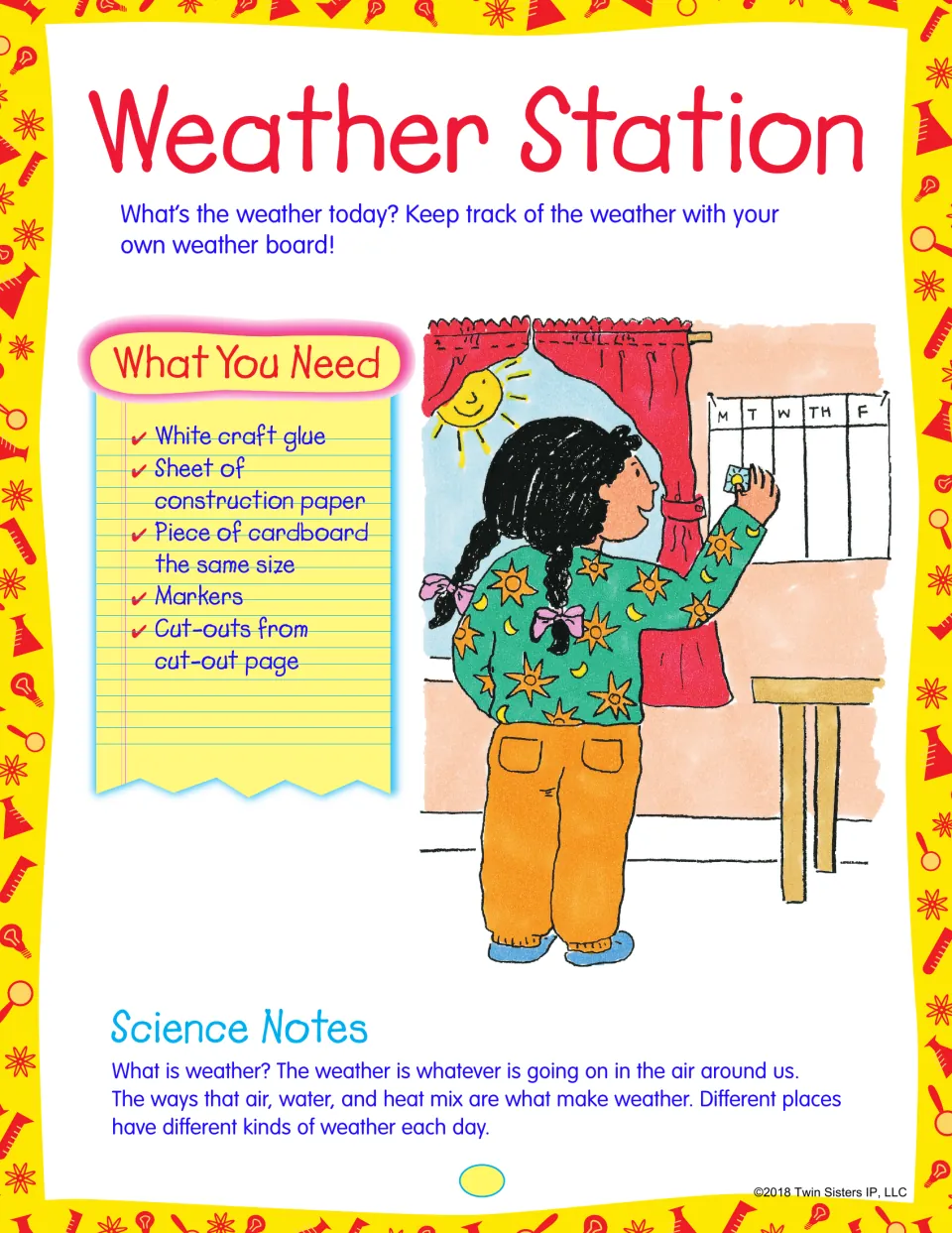 Weather Station project: supplies for a weather board, including glue, paper, cardboard and cut-outs, plus science notes