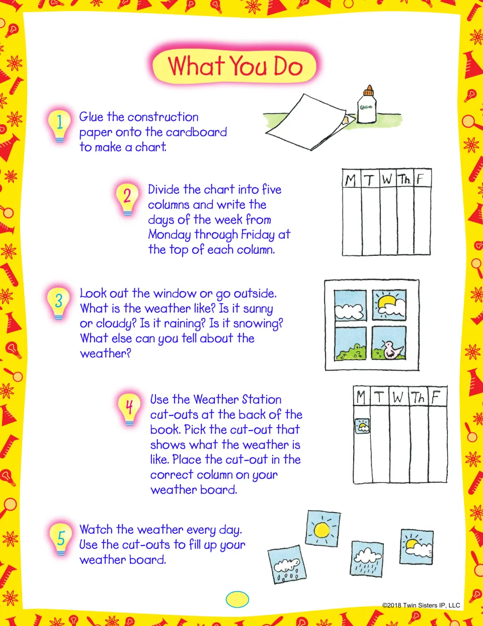 Five steps to make a Monday-to-Friday weather chart, observe the sky and place a matching weather cut-out each day