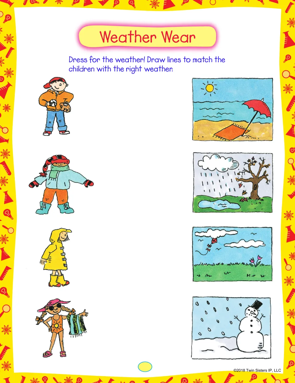 Weather Wear matching: students draw lines from four dressed children to sunny beach, rainy, windy and snowy scenes