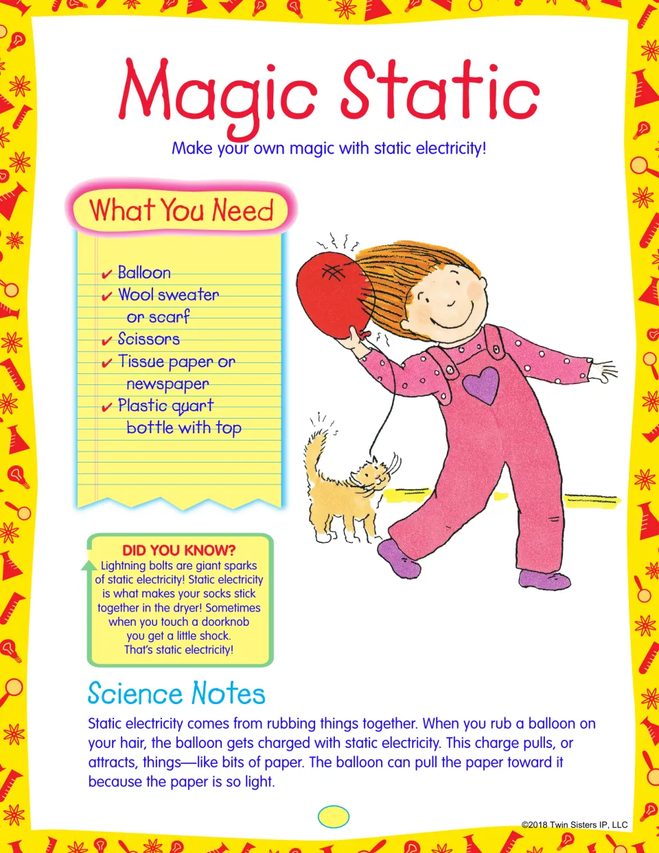 Magic Static project on static electricity: balloon, wool, tissue paper and bottle supply list, facts and science notes