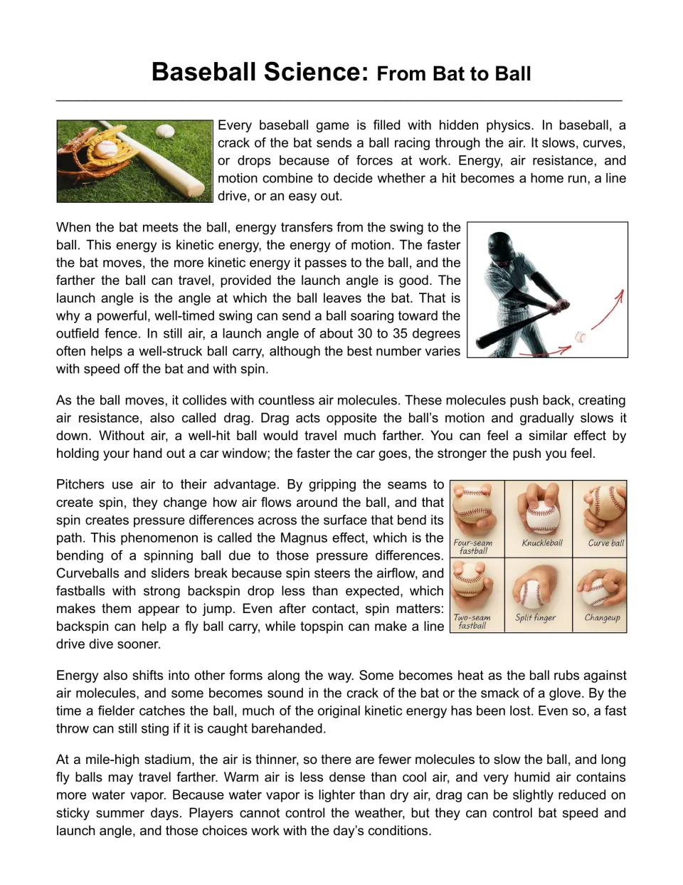 Baseball Science: From Bat to Ball reading on kinetic energy, launch angle, drag and the Magnus effect, with grip photos