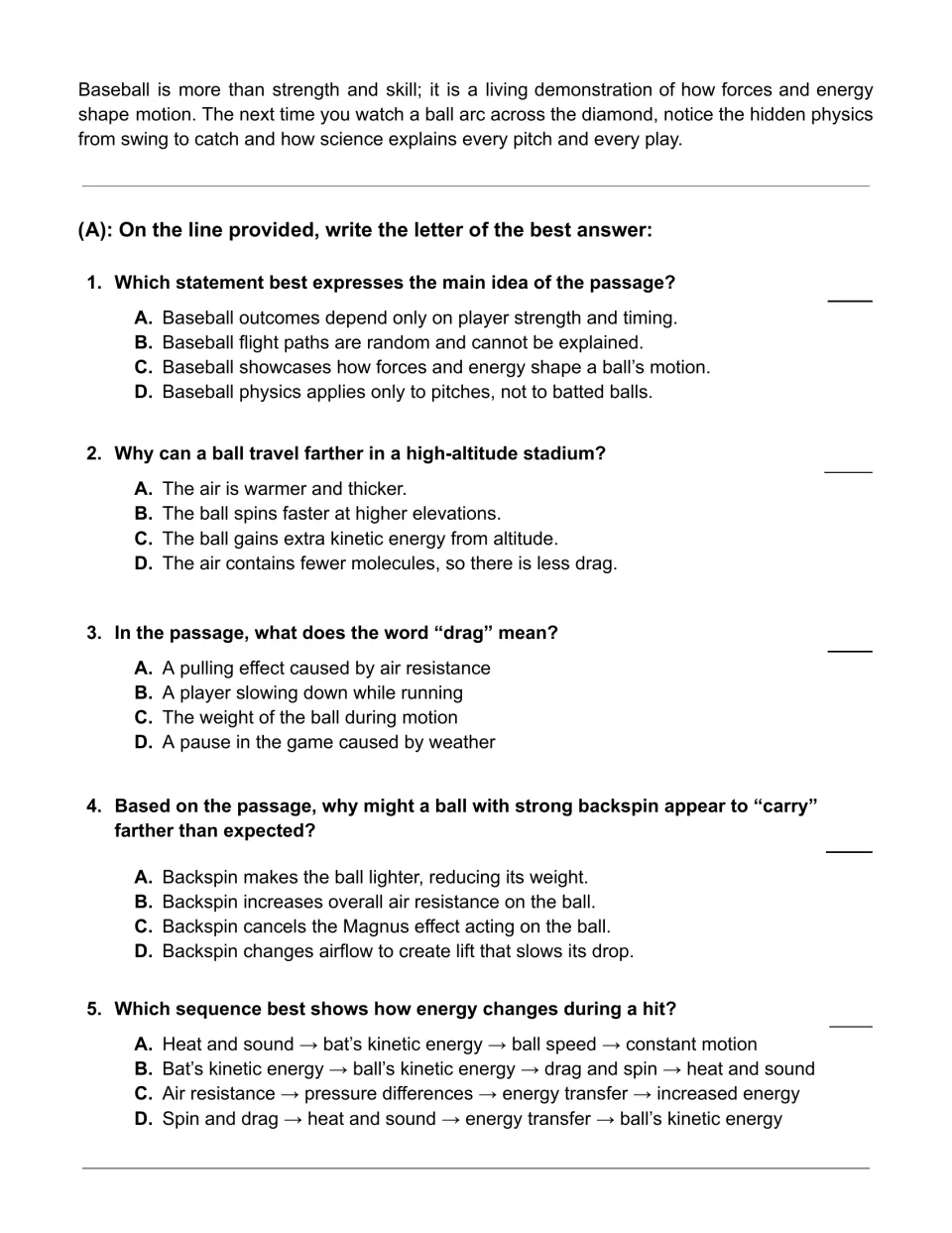 Passage ending, Part A: students answer five multiple-choice questions on main idea, altitude, drag, backspin and energy