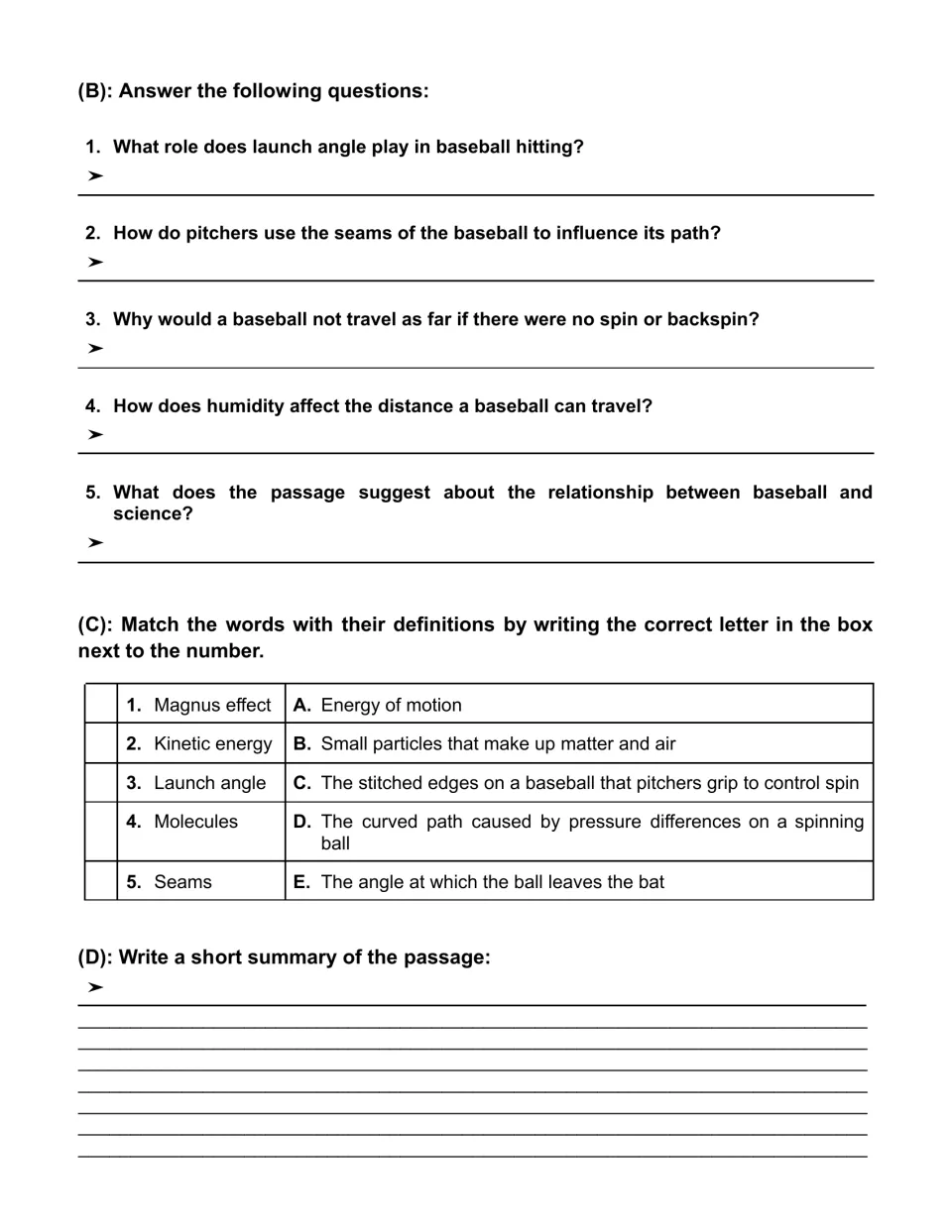 Parts B to D: students answer five short questions, match physics terms like Magnus effect to definitions, then summarize