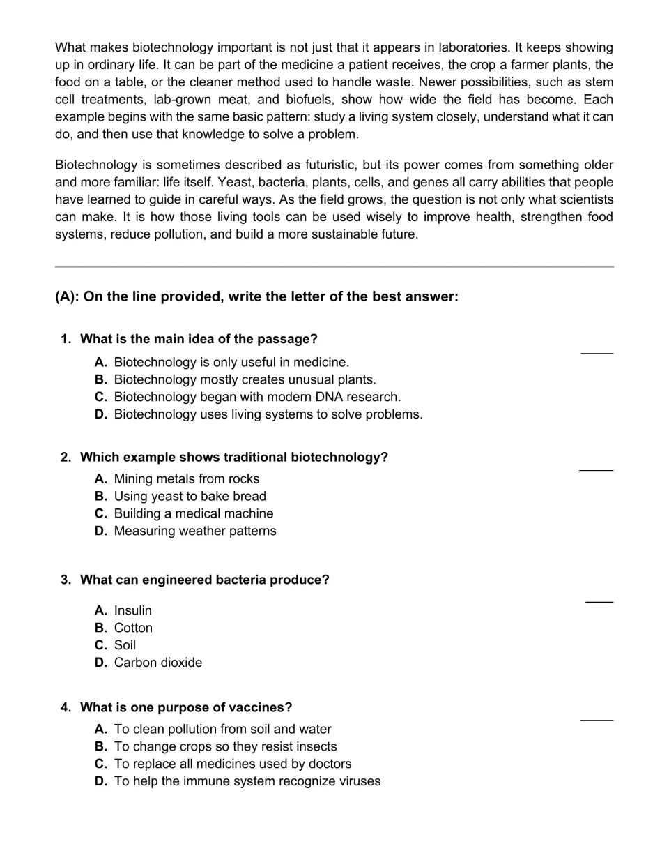 Biotechnology passage conclusion and multiple-choice questions 1–4 on main idea, yeast, insulin, and vaccines