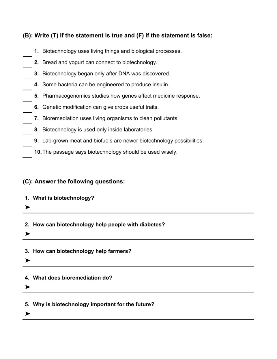 Biotechnology comprehension practice: 10 true-or-false statements followed by five short-answer questions