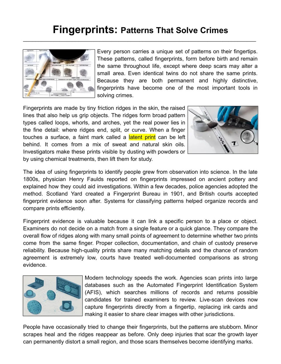 Reading passage opening explains fingerprint patterns, latent prints, evidence, AFIS, and live-scan devices.