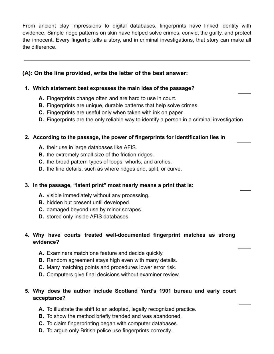 Reading passage conclusion and five multiple-choice questions on fingerprint details, evidence, and history.