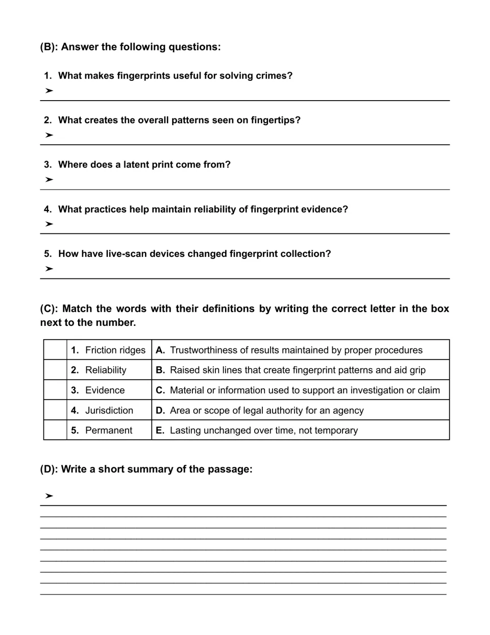 Fingerprint comprehension tasks: five short-answer questions, five vocabulary matches, and a summary.