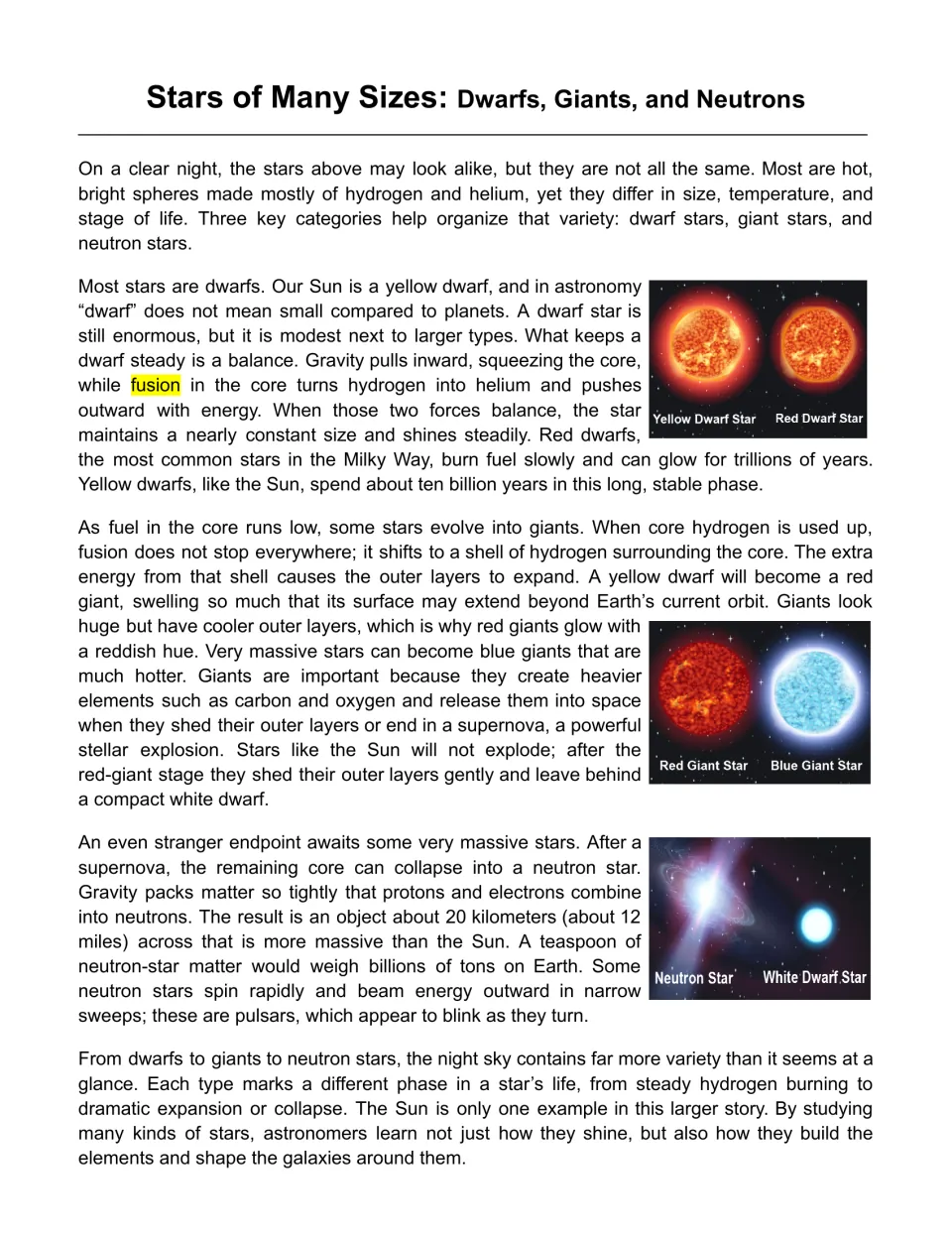 Reading passage about dwarf, giant and neutron stars, with labeled illustrations and star life cycle facts