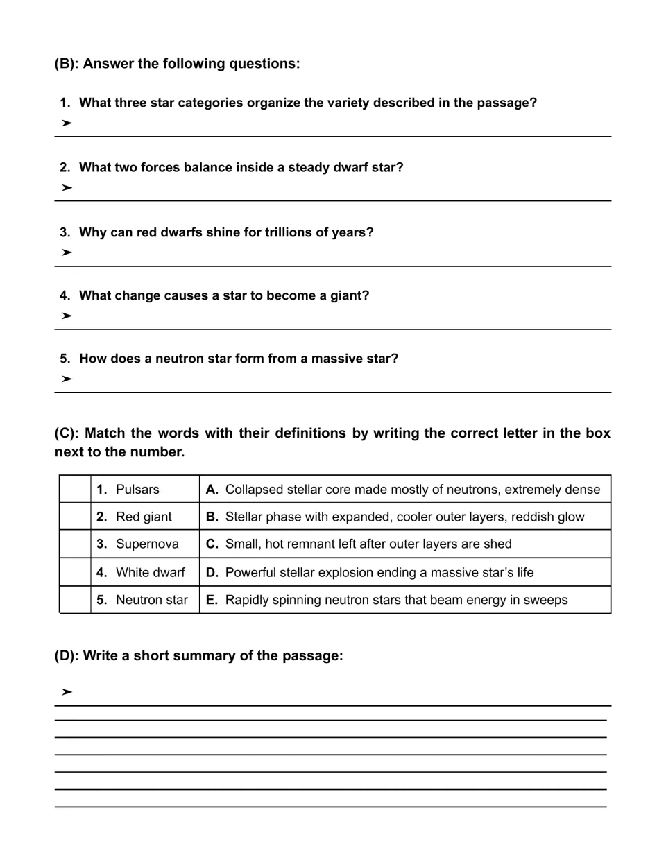 Star passage practice: five short-answer questions, five vocabulary matching items and a summary prompt