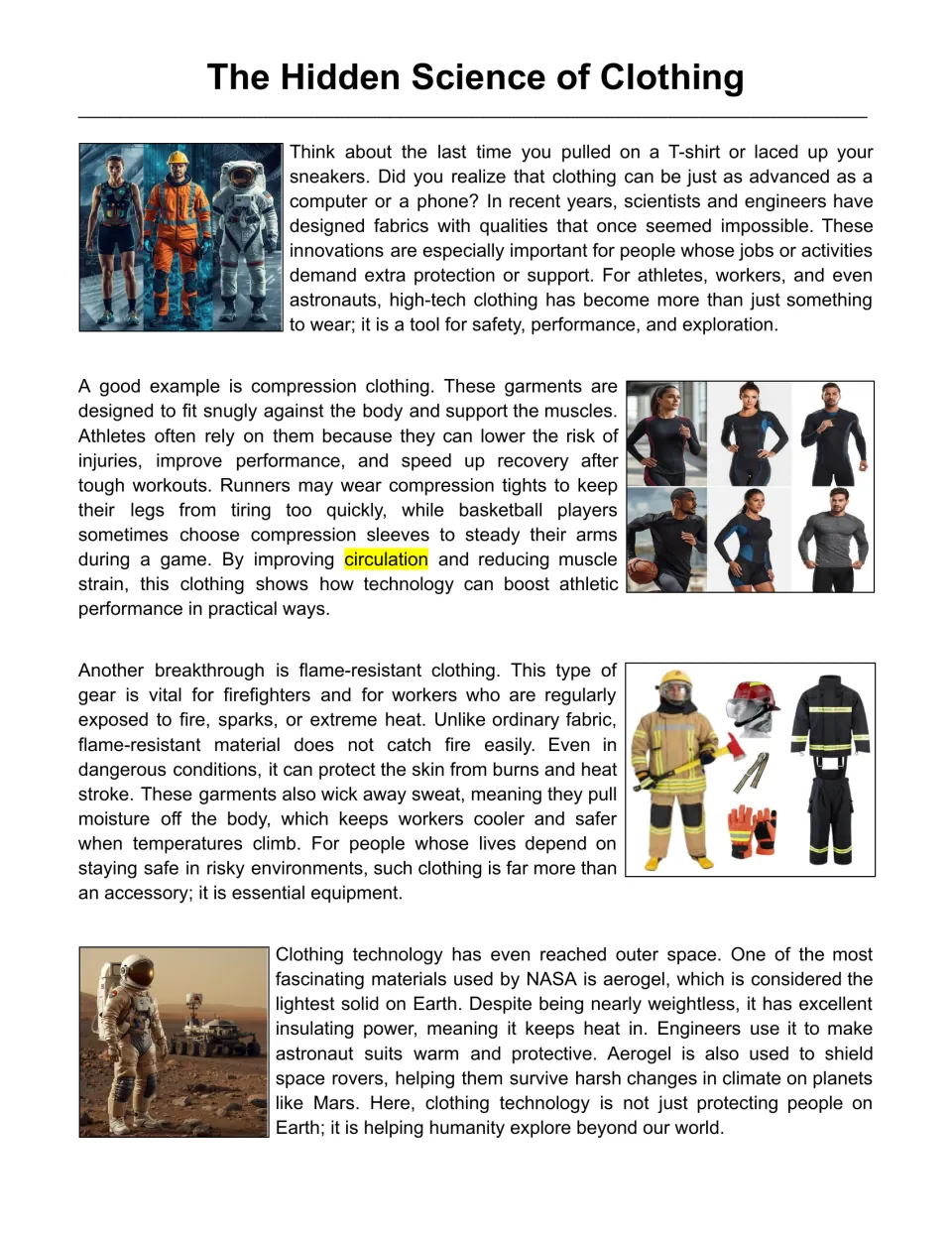 The Hidden Science of Clothing passage: students read about compression gear, flame-resistant suits and NASA aerogel