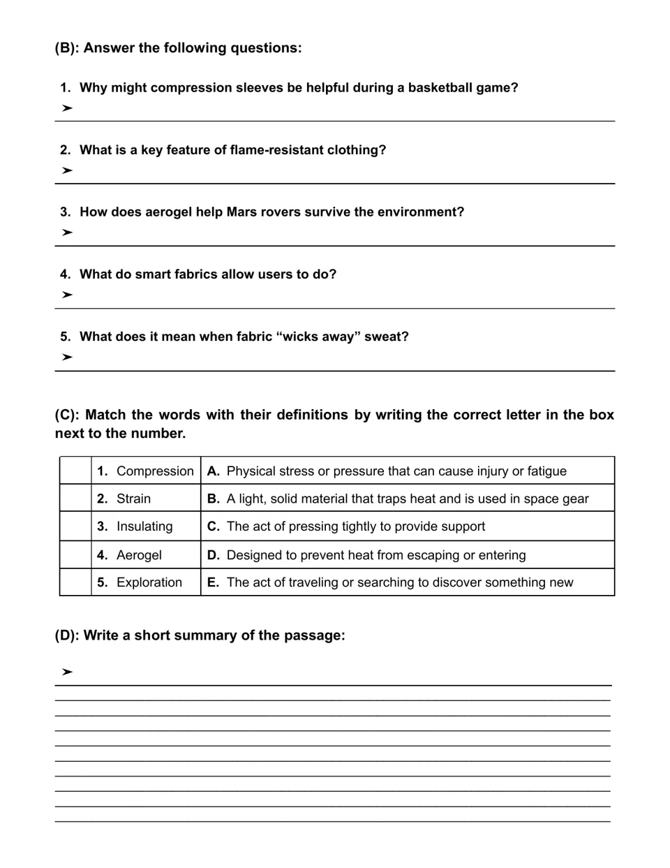 Clothing technology questions: students write short answers, match 5 vocabulary words to definitions and summarize