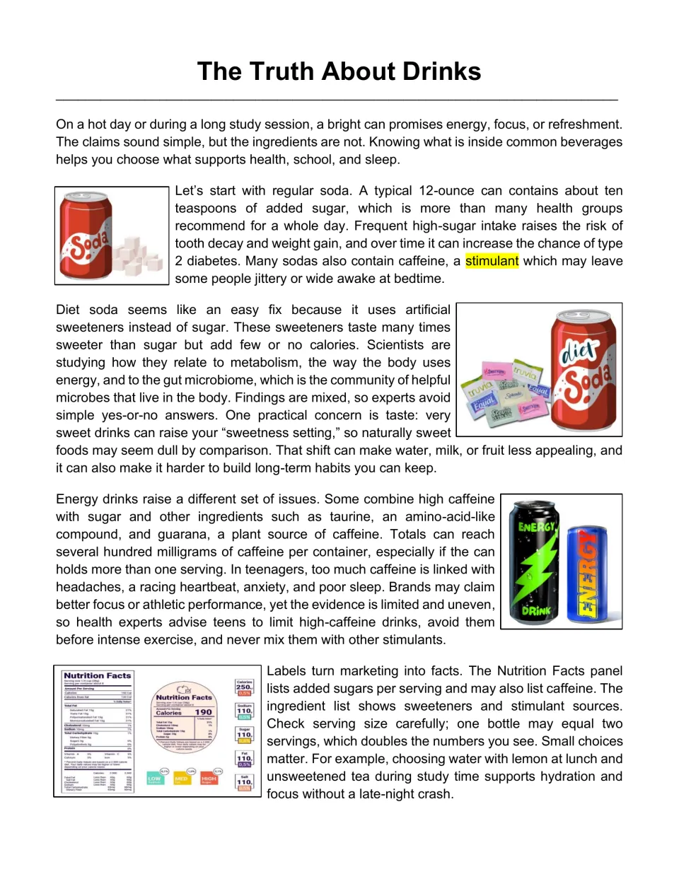 Reading passage, part 1: regular soda, diet soda, energy drinks, and reading beverage nutrition labels.