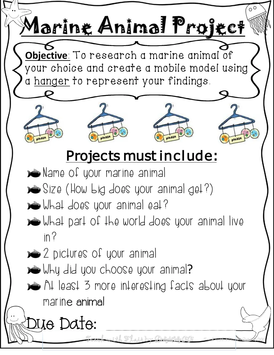 Marine animal research: students build a hanger mobile showing size, diet, habitat, 2 pictures, and 3 more facts
