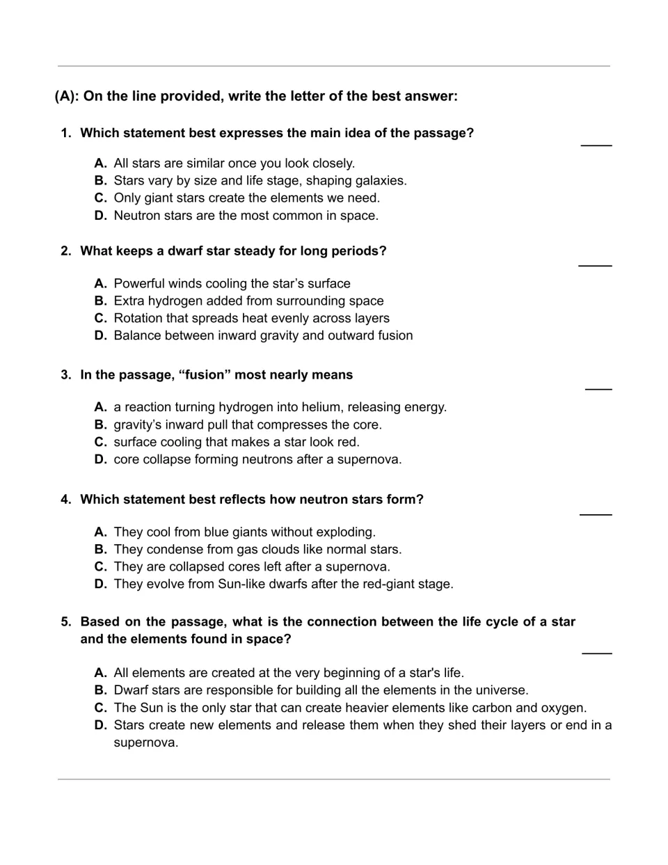 Five multiple-choice questions assess the star passage's main idea, fusion, neutron stars, and elements.
