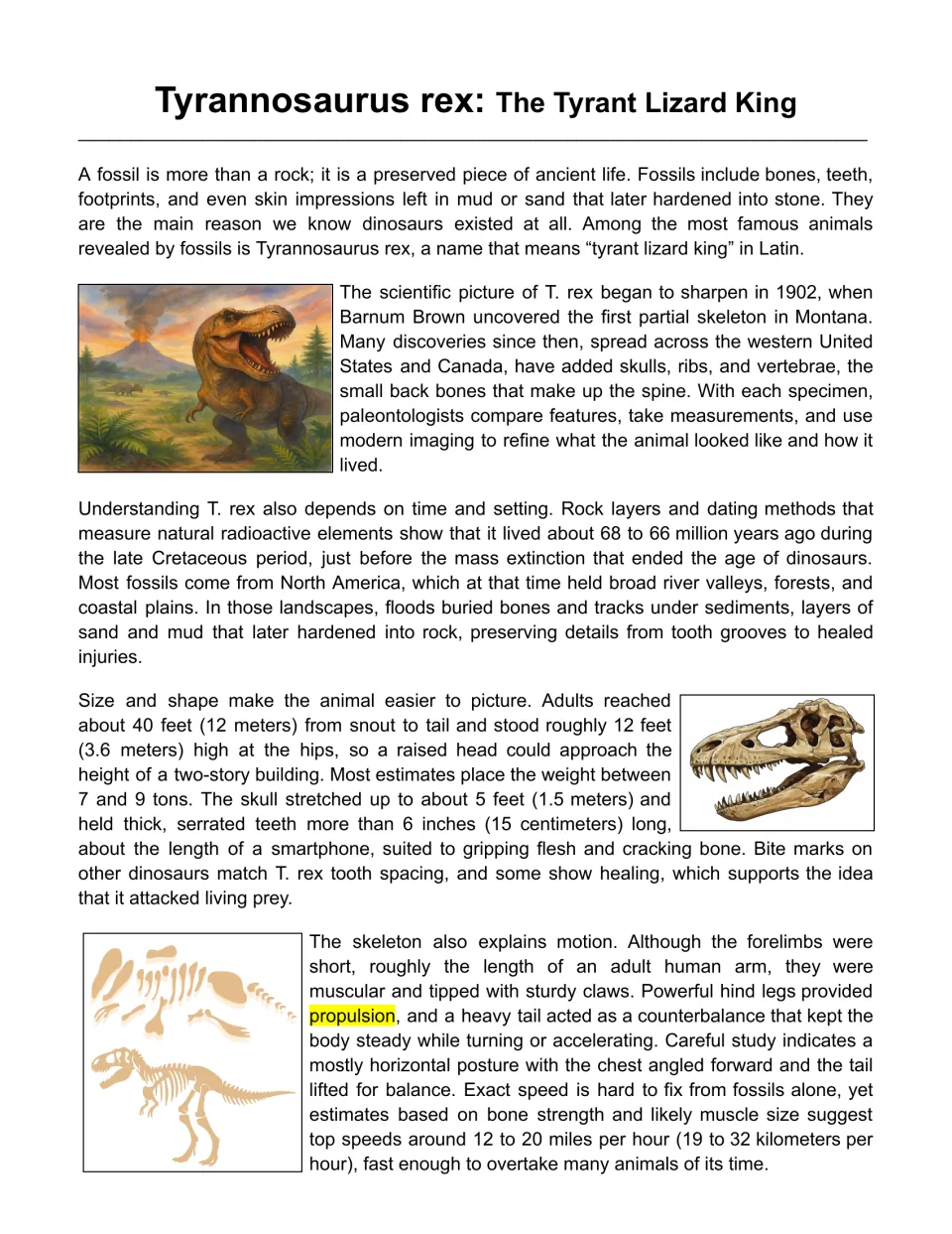T. rex reading passage opening: fossil discoveries, habitat, size, teeth, and how its legs and tail aided movement