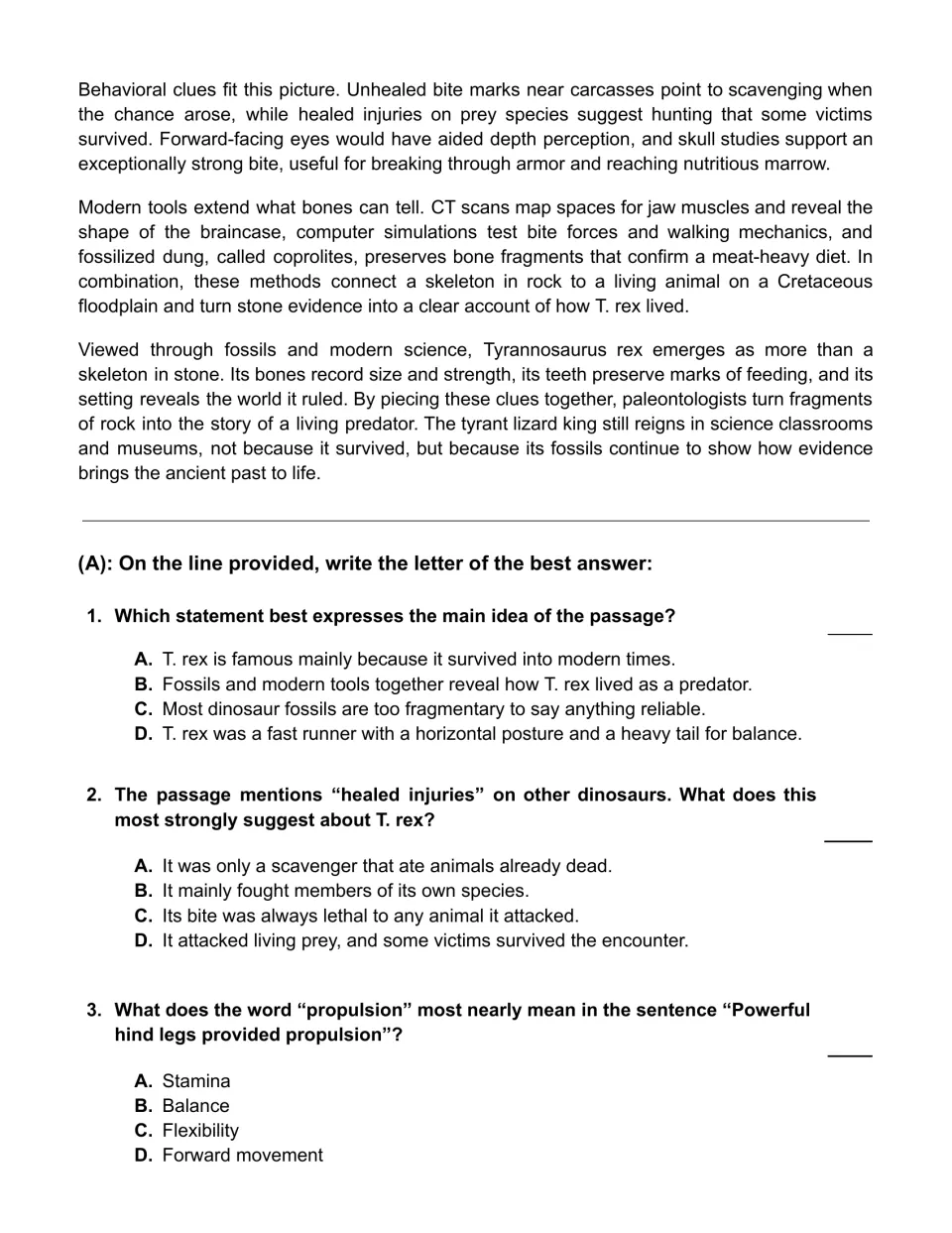T. rex passage conclusion and questions 1–3 on the main idea, healed injuries, and the meaning of propulsion