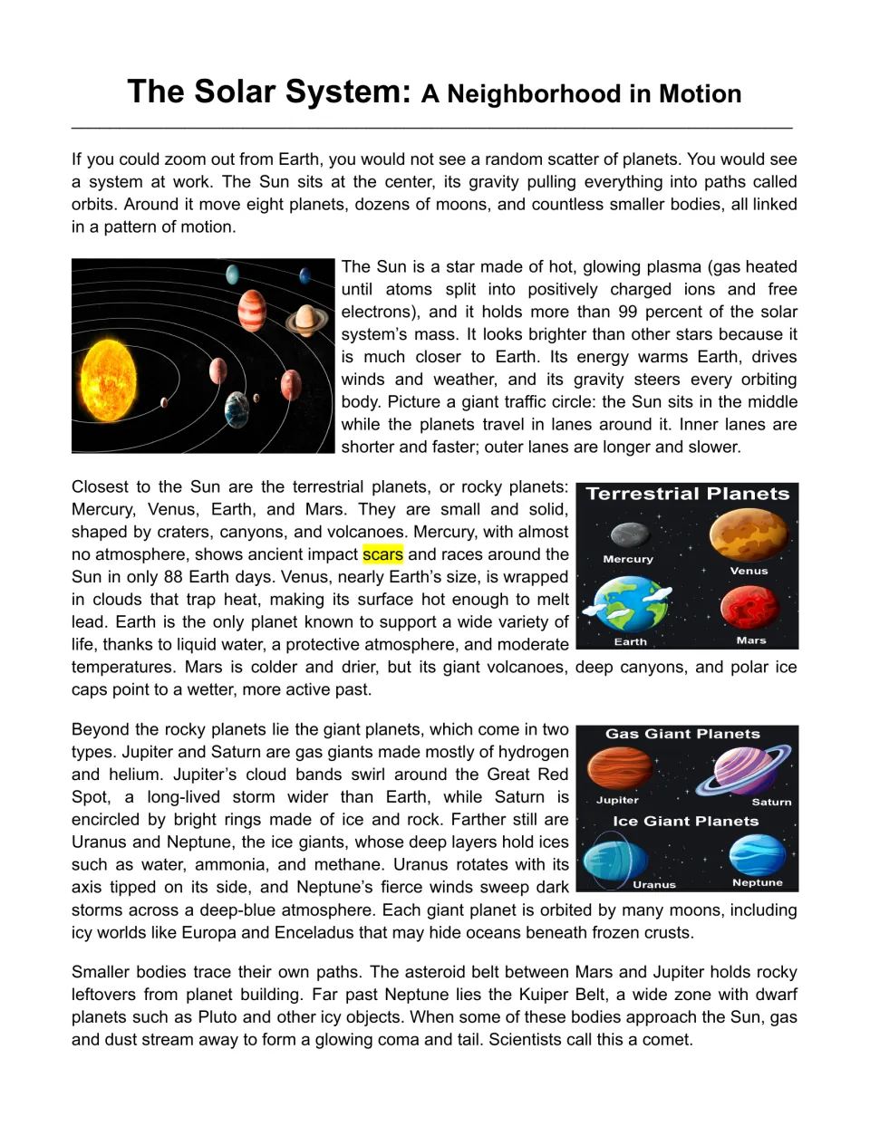 Reading passage opening about the Sun, rocky planets, gas and ice giants, asteroid belt, and Kuiper Belt