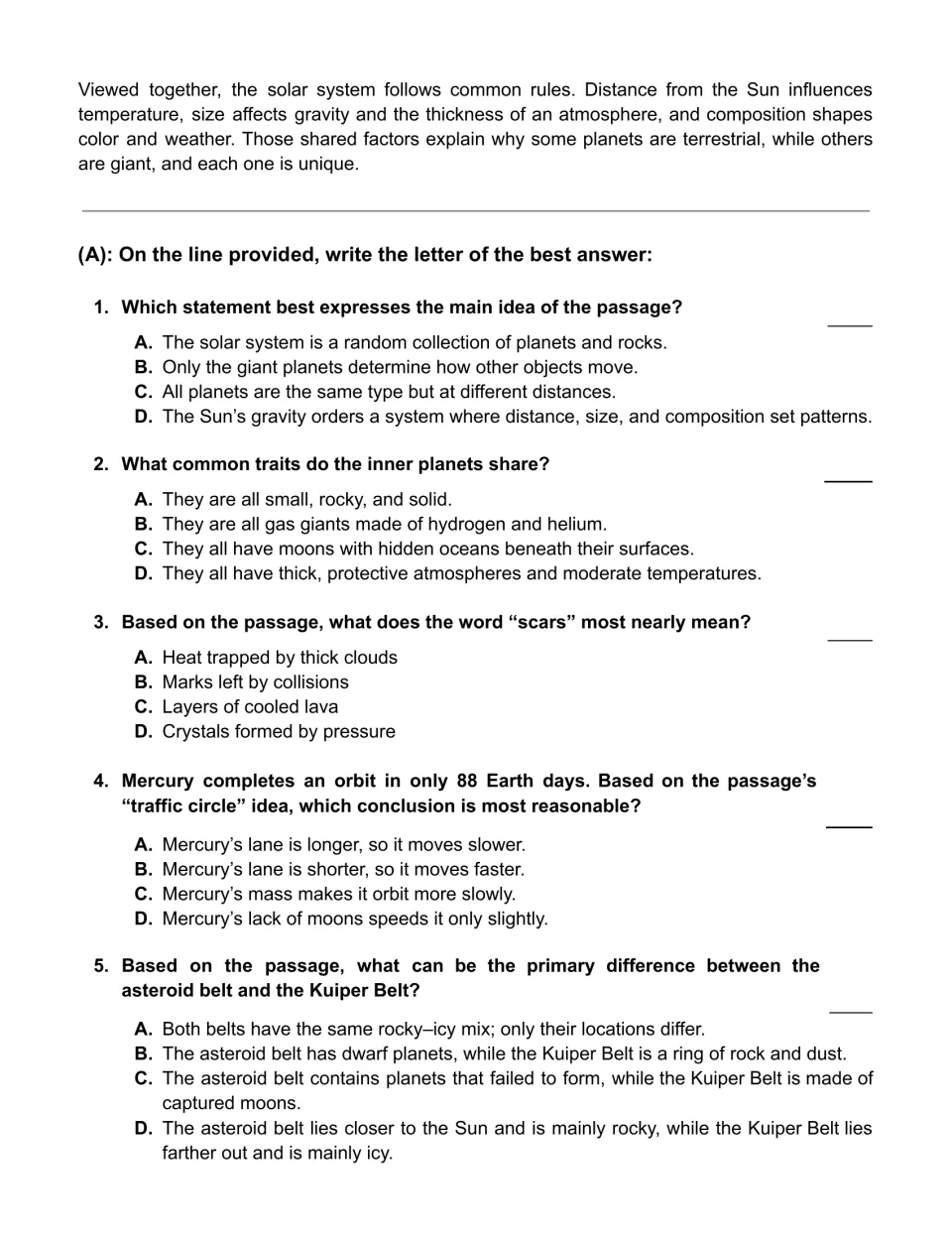 Passage conclusion and five multiple-choice questions on main idea, inner planets, scars, orbits, and belts