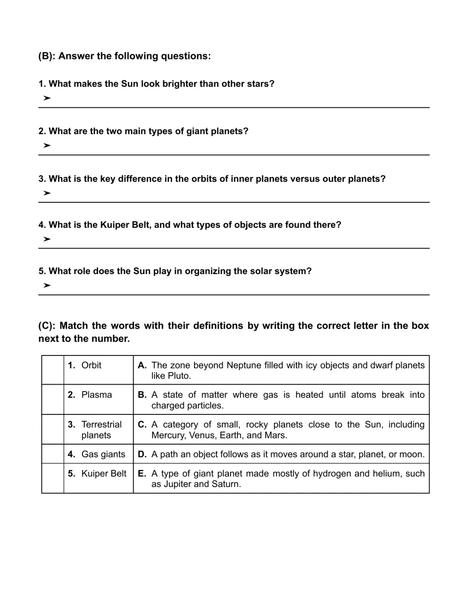Five short-answer questions about the solar system and five vocabulary matches, including orbit and plasma