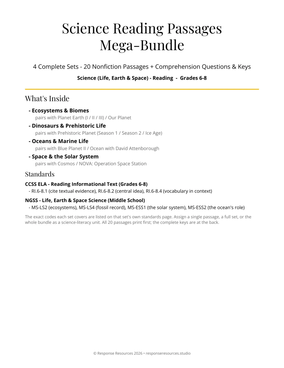 Science Reading Passages Mega-Bundle cover lists 4 sets: ecosystems, dinosaurs, oceans and space, plus CCSS and NGSS codes
